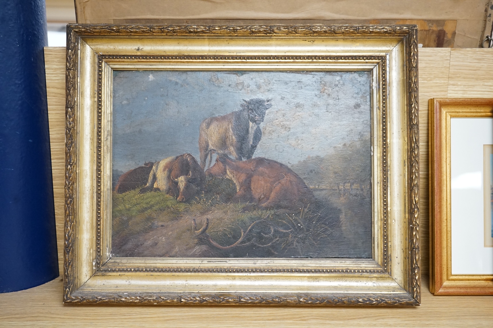 After Thomas Sydney Cooper, Study of resting cattle, oil on board, 25 x 34cm